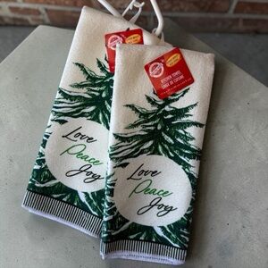 Green and White Kitchen Towels Love Peace Joy